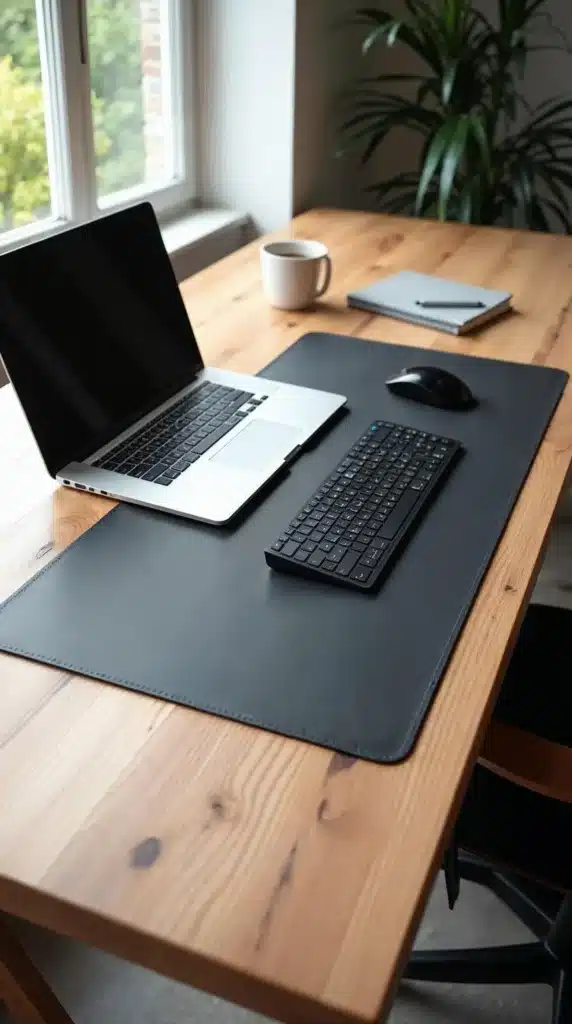 Mesa limpa e produtiva com mousepad gigante